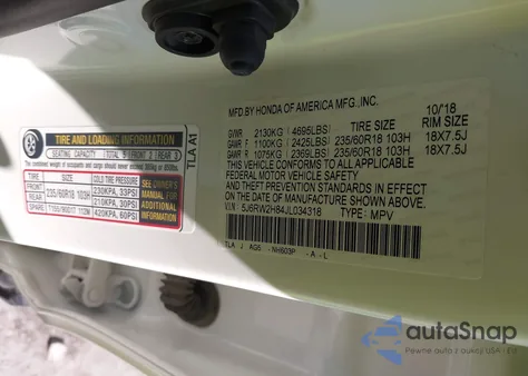 2018 Honda Cr-V Ex-L/Ex-L Navi из США, поврежденный, VIN 5J6RW2H84JL034318